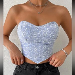Floral Embroidered Ruffle Backless Hanky Hem Tube Top